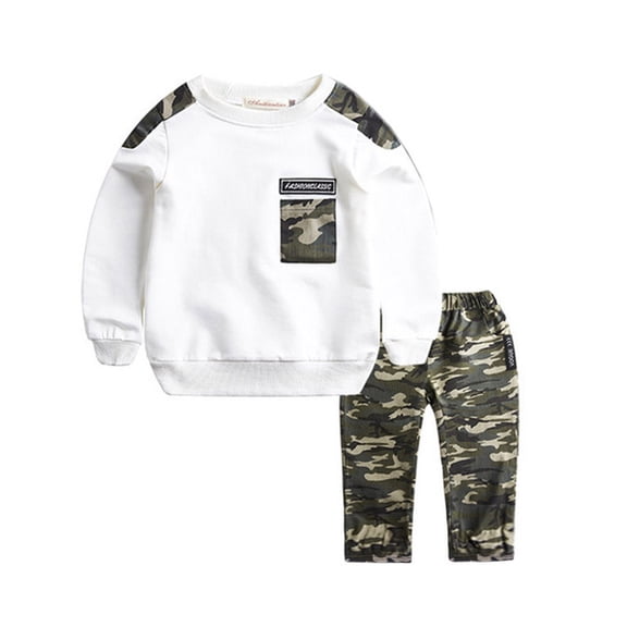 Fshinging Boys Pullover Hoodie and Pants Outfit Set Letter Camouflage Print Long Sleeve Baby Tops Children's Size 7-9 Years