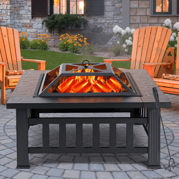Fire Pits for Outside, 32" Wood Burning Fire Pit Tables with Screen Lid, Poker, BBQ Net and Cover, Backyard Patio Garden Outdoor Fire Pit/Ice Pit/BBQ Fire Pit, Black