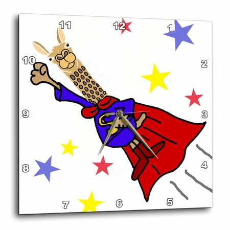 3drose, Cute Funny Flying Llama Superhero in Red Cape Cartoon, 10x10 Wall Clock
