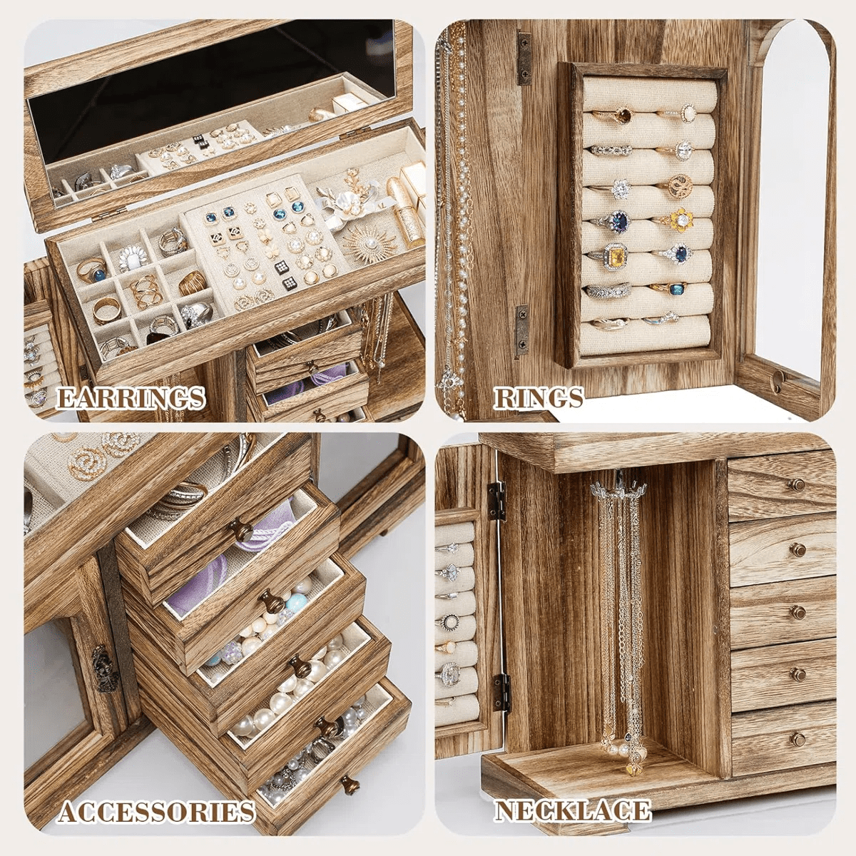 Sfugno Jewelry Box for Women Girls, Wooden Jewelry Organizer Box with Mirror, 5 Layer Jewelry Storage Case,Rustic Brown
