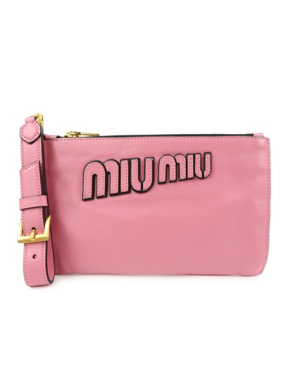 Pre-Owned Miu Miu Logo Chain Clutch Shearling Pink Leather Clutche & Pouche Bag
