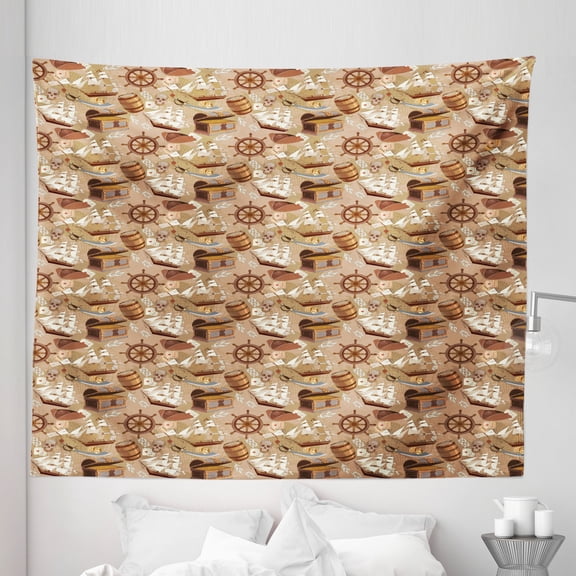 Pirates Tapestry, Scroll Old Pirate Treasure Map Pattern Adventure Stories Concept, Fabric Wall Hanging Decor for Bedroom Living Room Dorm, 5 Sizes, Pale Brown White Grey, by Ambesonne