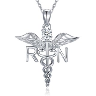 10K White Gold Caduceus Angel Nursing Pendant Necklace - RN Nurse Gift Jewelry For Women