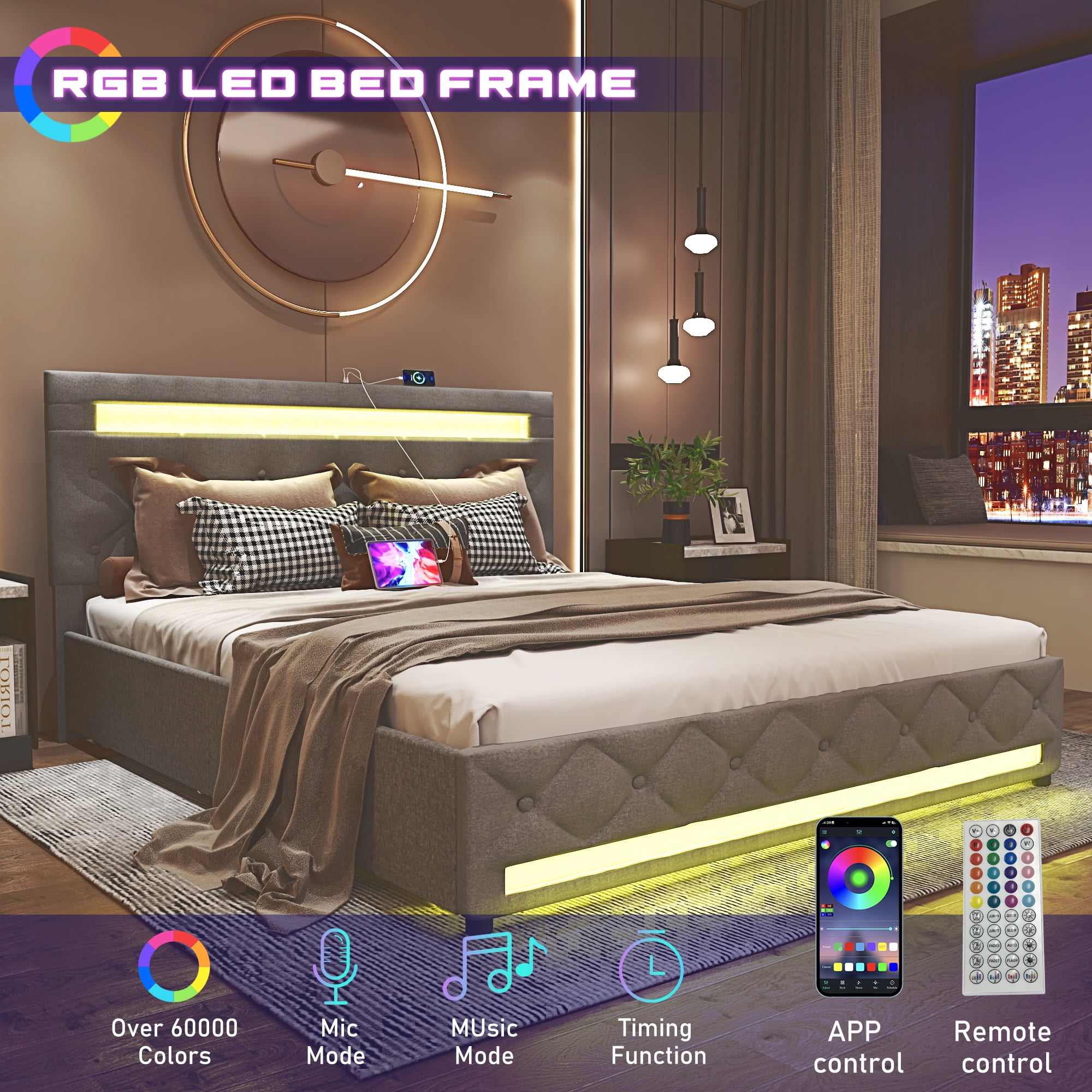 King Size Bed Frame with 4 Storage Drawers and 2 USB Ports, Platform Bed with LED Light, Modern Upholstered Headboard, No Box Spring Needed