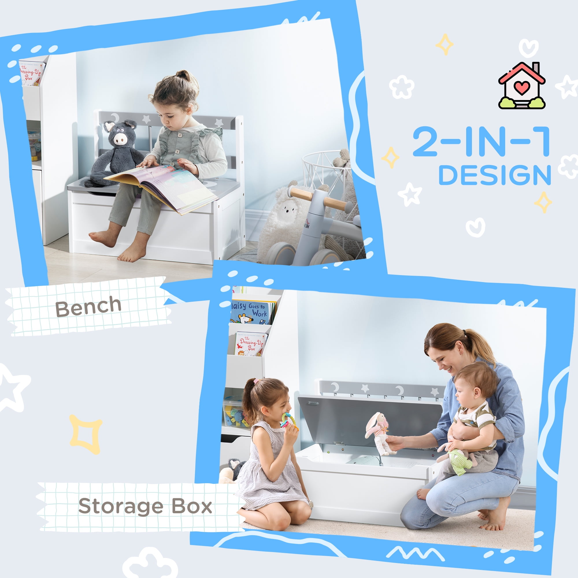 TOPCOMFY Kids Toy Box Storage Bench with Large Storage Interior for Kids Playroom, Gray