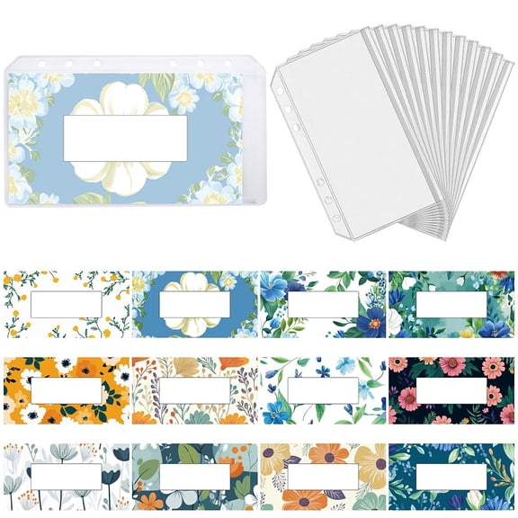 12 Styles A6 Binder Cash Envelope Budgeting Flower with Label PVC Expense Money Trackers Saving Inserts 6-Ring Budget Divided Envelopes Stuffing
