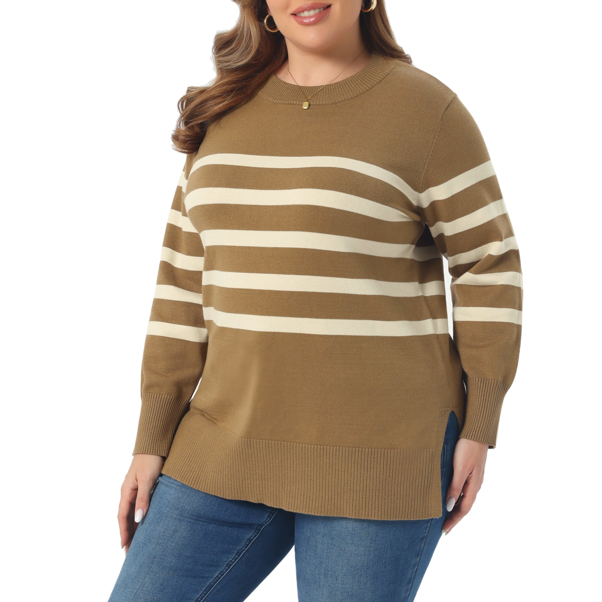 DARING DIVA Women's Plus Striped Long Sleeve Crewneck Pullover Sweater 2X Camel