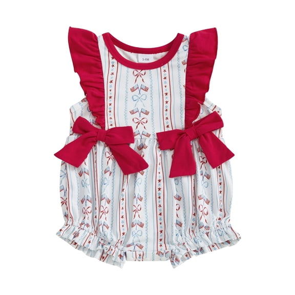 BemeyourBBs Newborn Baby Girl 4th of July Outfit Patriot Independent Day Clothes Summer Bubble Romper American Flag Bow Print Ruffled Trim Flying Sleeve Bodysuit Jumpsuit