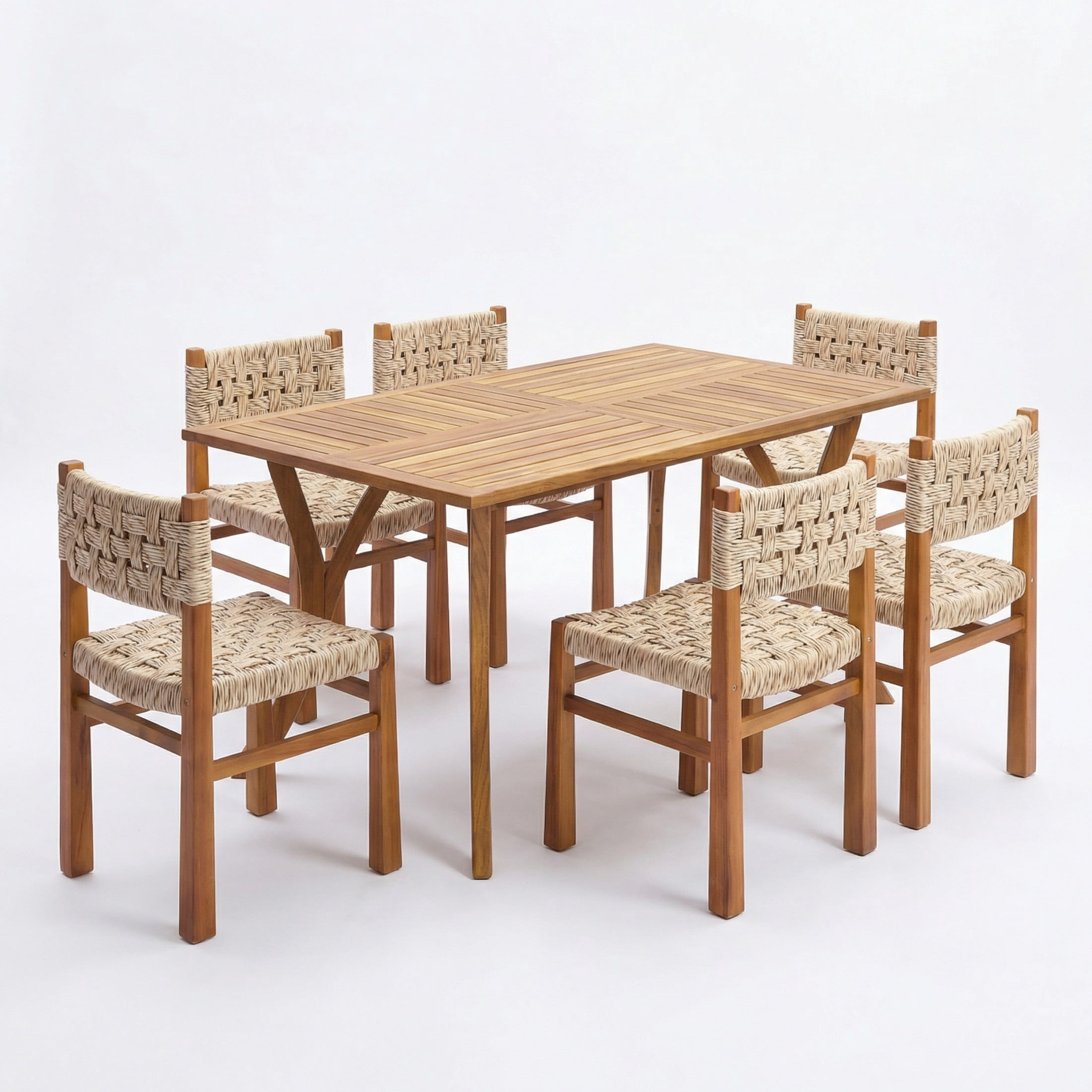 Christopher Knight Home 7-Piece Outdoor Dining Set, 59" Teak Wood Table and Light Gray Wicker Chairs