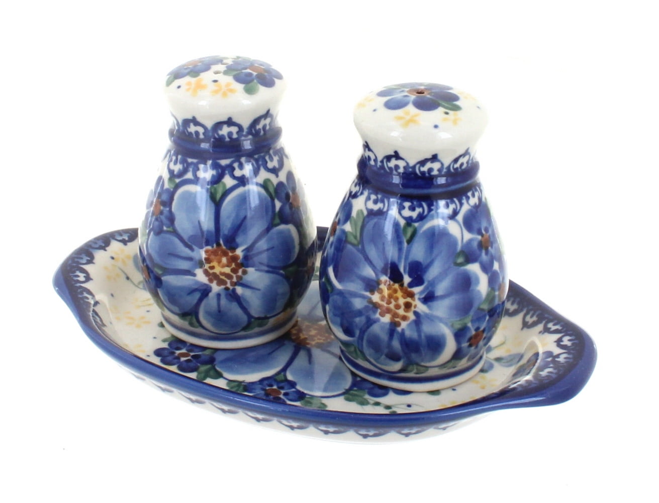 Blue Rose Polish Pottery Daisy Surprise Salt & Pepper Shakers with Tray