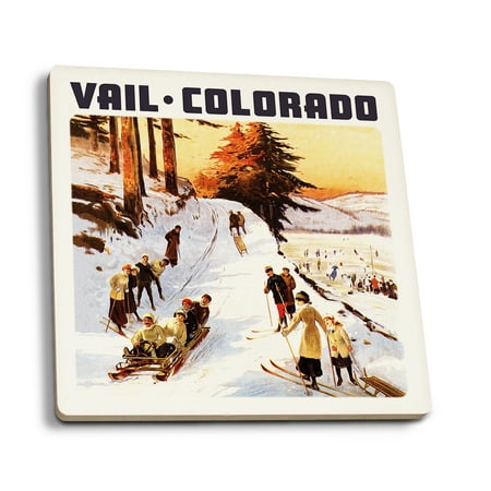 

Vail Colordao Sledding and Skiing (Absorbent Ceramic Coasters Set of 4 Matching Images Cork Back Kitchen Table Decor)