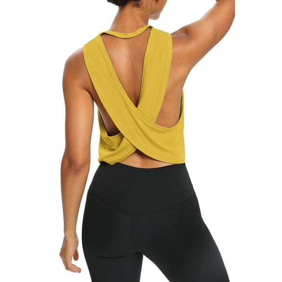 Womens Open Back Workout Shirts Cropped Yoga Tank Tops Backless Athletic Clothes #01Yellow XL