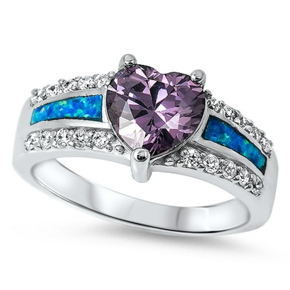 Heart Simulated Amethyst Cubic Zirconia Blue Simulated Opal Ring Sterling Silver Size 6
