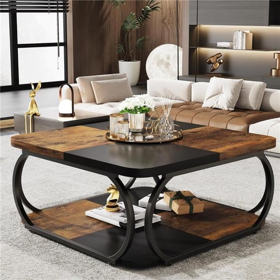 Tradeber TB-C0844 39 in. Square Coffee Table with Storage Shelf - Rustic Brown & Black