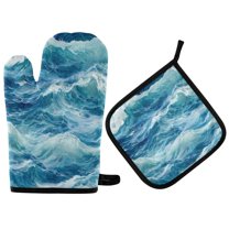 Yayeee Oven Mitts and Pot Holder Set of 2 Heat Resistant Kitchen Gloves Baking Hot Pad, Green Watercolor Ocean Waves