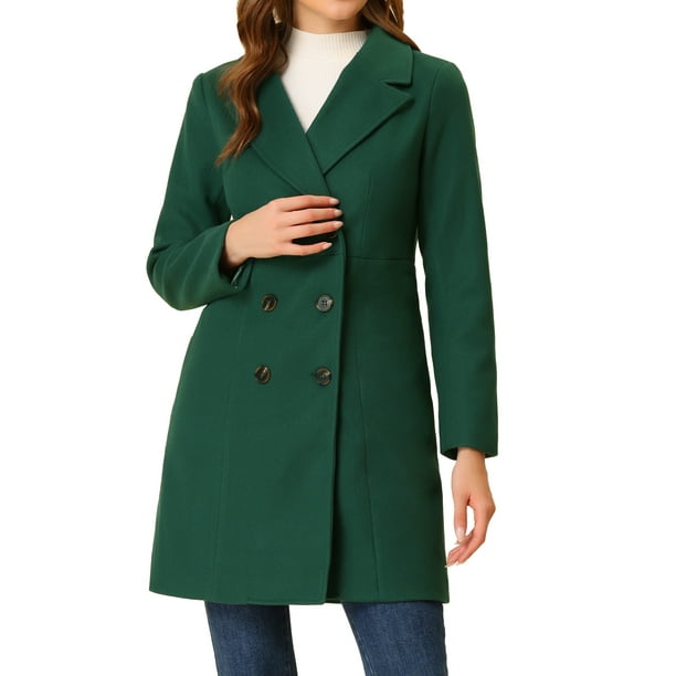 Abrigo largo de invierno de doble botonadura con solapa de muesca para mujer INSPIRE CHIC en verde