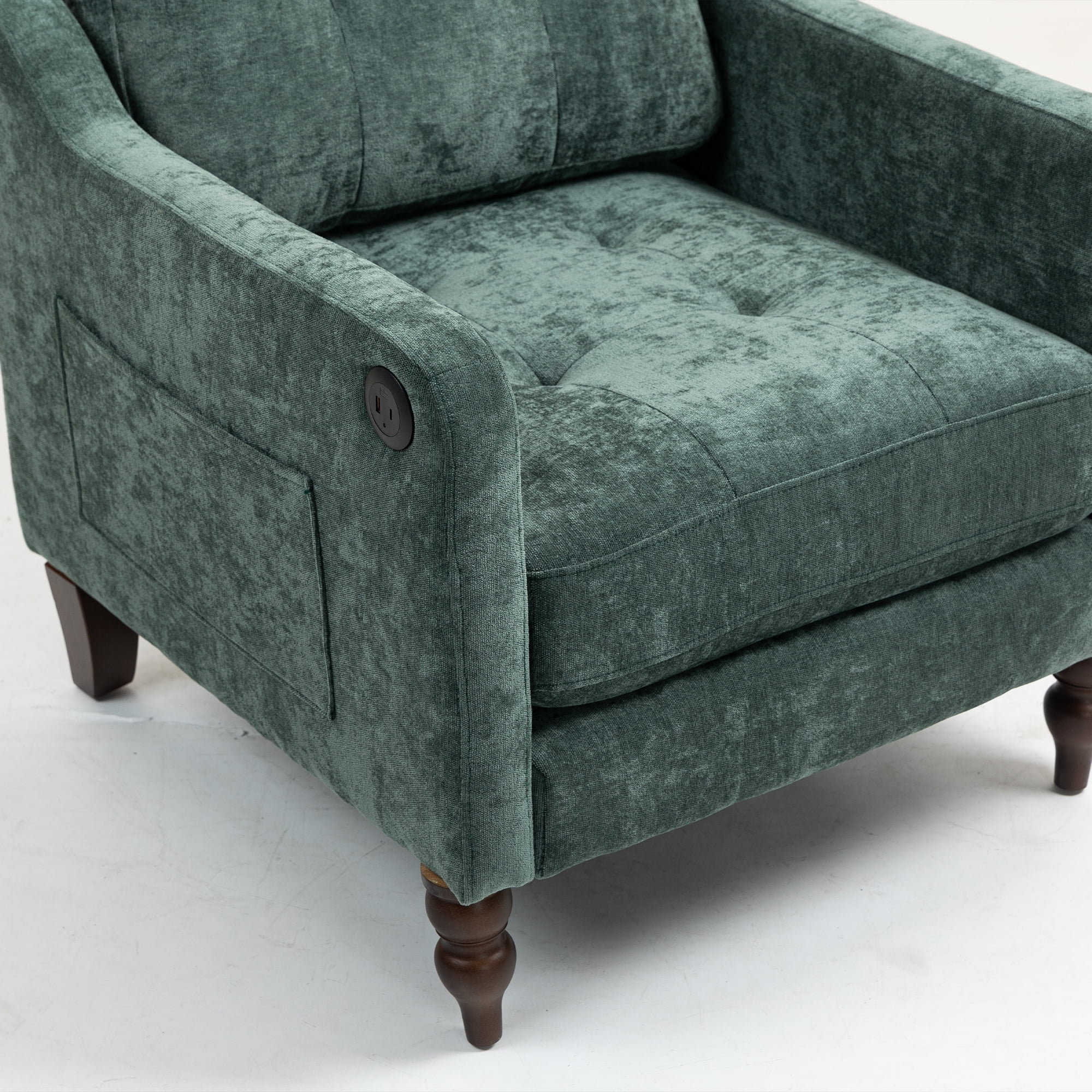 Comfortable armchair with USB charging port, ergonomic wide backrest, vintage wooden legs, comfortable upholstered armchair with side storage for living room bedroom