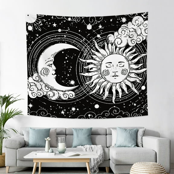Sun Moon Tapestry Mystic Space Black and White Tapestries Wall Hanging Backdrop Room Decor for Bedroom Living Room,60Wx50H
