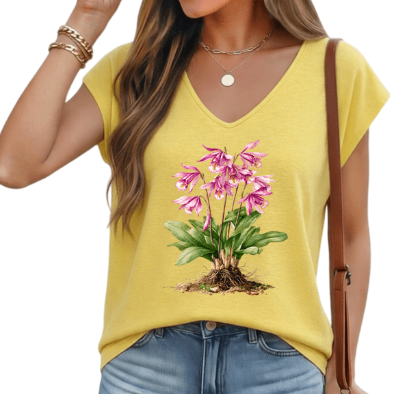 Cozymy Botanical Flower V Neck Short Sleeve Graphic Tee Women's Nature Print Top