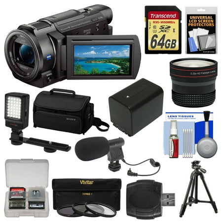 Sony Handycam FDR-AX33 Wi-Fi 4K Ultra HD Video Camera Camcorder + 64GB Card + Sony Case & Tripod + LED Light + Microphone + Battery + Fisheye Lens Kit