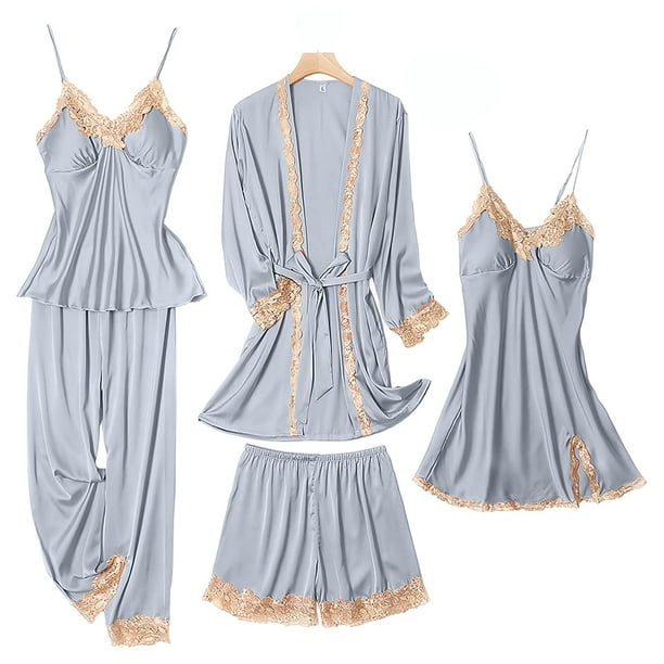 SAPJON Womens Pajama Sets 5PcS Silk Pajamas for women cute Sleepwear  Loungewear Satin Pajamas Sets for Women Soft grey 