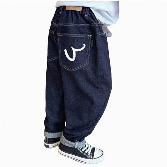 Cdudpw Boy's Kids Baggy Jeans Elastic Waist Pull On Denim Pants Winter Straight Wide Leg