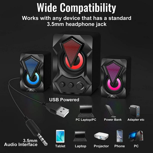 NJSJ Computer Speakers, Wired 2.0 USB Powered PC Speakers Stereo Mini  Multimedia Volume Control,Gaming RGB Lights 3.5mm Jack Speakers for PC  Desktop