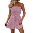 thumbnail image 2 of Luxalzxs Women Summer Sexy Strapless Short Romper Off Shoulder Ruffle Ruched Drawstring Waist Jacquard Smocked Jumpsuit Vacation Beachwear Casual Boho One Piece Romper, 2 of 8