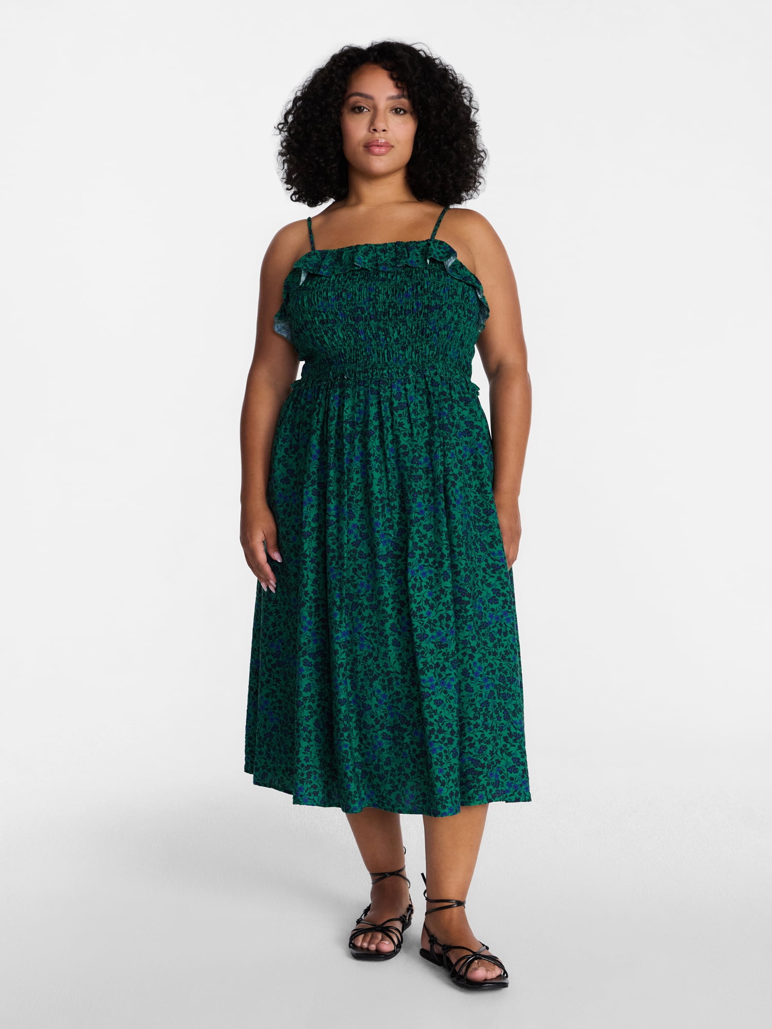 Time and Tru Women's Sleeveless Smocked Midi Dress, Sizes XS-XXXL