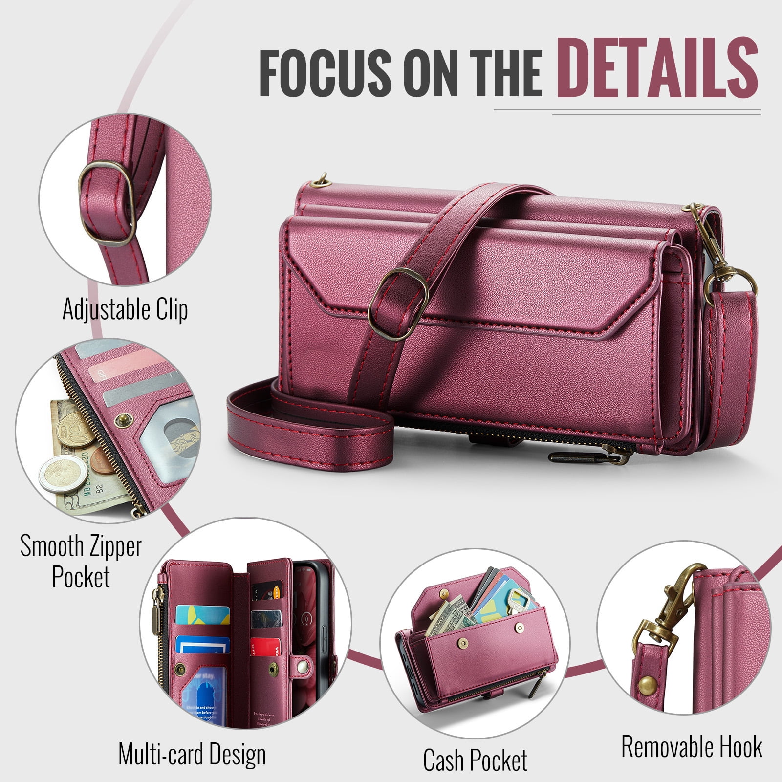 Compatible with iPhone 16e/SE 2025/SE 4 Zipper Wallet Phone Case Tempered Glass Screen Protector Crossbody Lanyard Strap Flip Card Holder Slot Cell Cover for i Phone16e i16e 16 e SE4 Women Wine Red