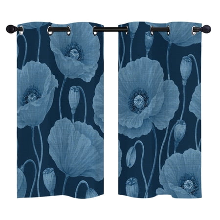 Indigo Poppies Blackout Curtains 39 Inches Long Vintage Floral Buds Stems Foliage Garden Thermal Insulated Room Darkening Drapes with Grommets for Living Room 27.5 W x 39 L 2 Panels