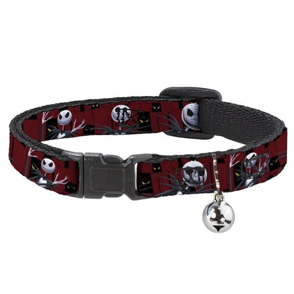 Disney Breakaway Cat Collar With Bell, Plastic Clip, Easy Adjustable, Nightmare Before Christmas Jack Poses Peeping Eyes Burgundy, 8.5 to 12 Inches 0.5 Inch Wide
