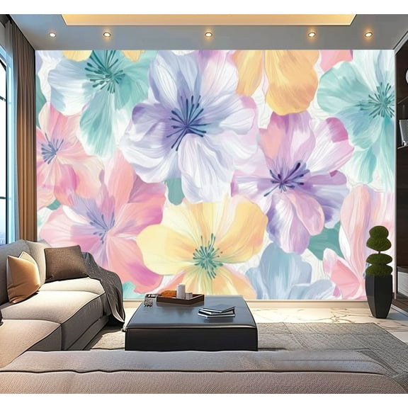 Peel and Stick Wallpaper Sweet flower watercolor soft pastel colors water color Modern Art Wall Mural Decor Self Adhesive and Removable 100in x 144in