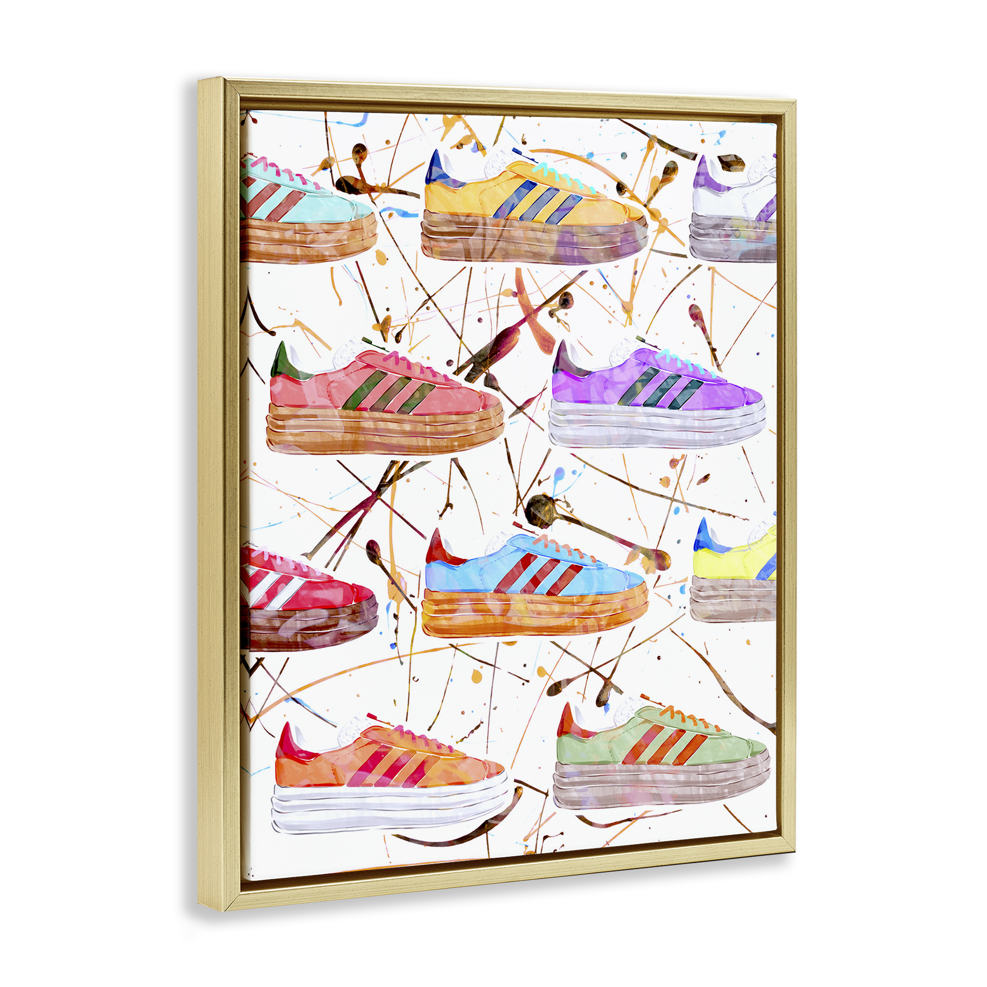 Stupell Industries Abstract Splatter Sneakers Beauty & Fashion Painting Gold Floater Framed Art Print Wall Art, 25 x 31