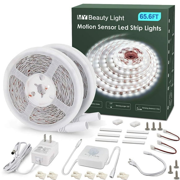 MY BEAUTY LIGHT Motion Activated LED Strip Lights, 65.6ft LED Light Strip with Day or Night 2 Lighting Modes,3 Timing Off Modes,Bright White 24v Plug-in LED Rope Lights for Under Cabinet,Kitchen,Room