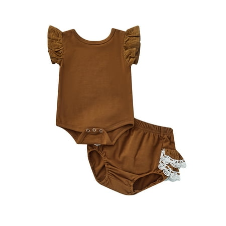 

Nokpsedcb Infant Baby Girls 2Pcs Outfits Round Neck Fly Sleeve Romper + Elastic Waist Lace Ruffles Shorts Clothes Set Ginger 12-18 Months