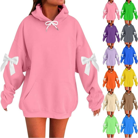 safuny Womens Oversized Hoodies Fleece Sweatshirts Bow Graphic Long Sleeve Pullover Tops Fall Winter Fashion Sweaters Beige _g XXL