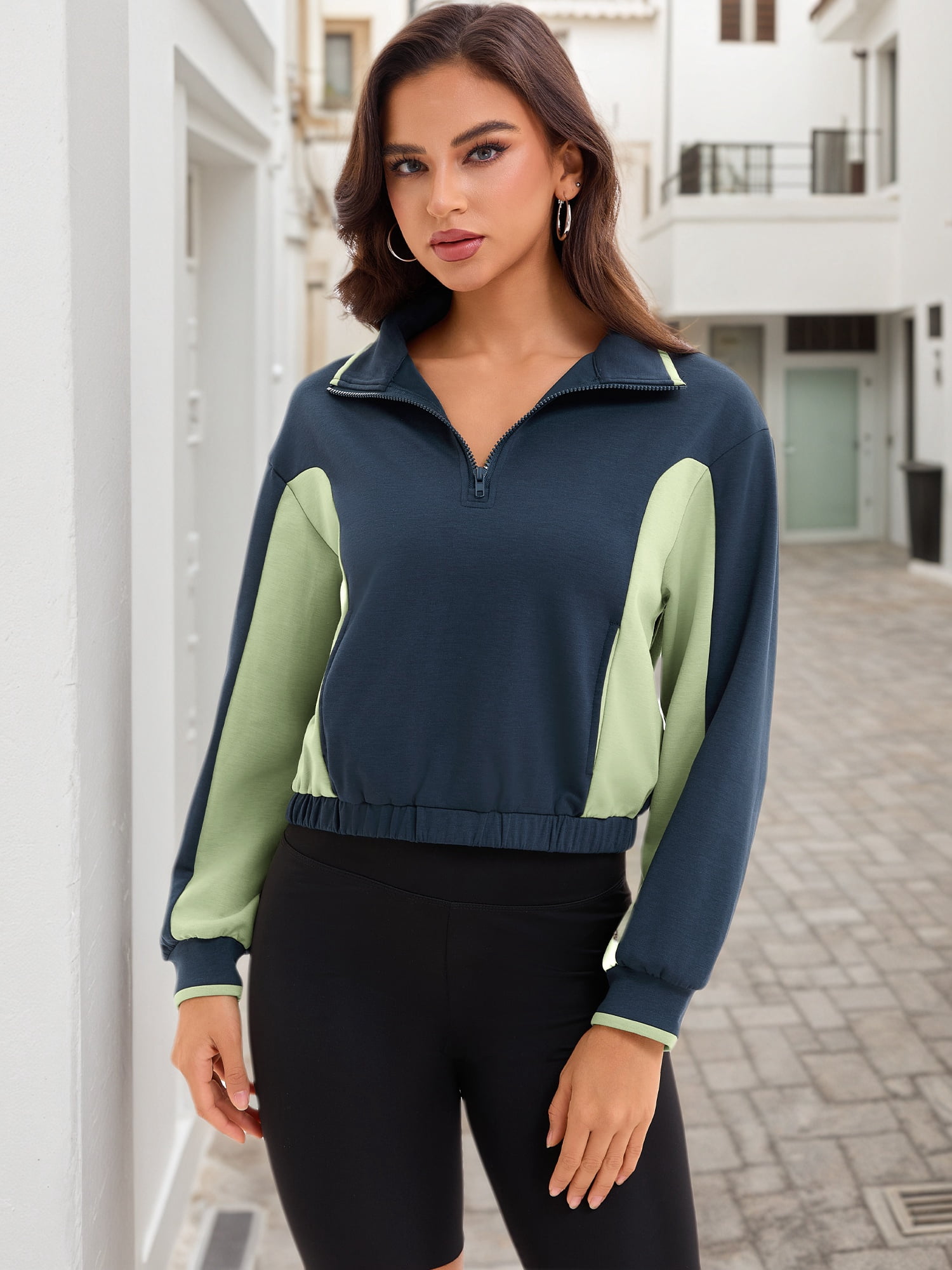 DARING DIVA Women's Quarter Zip Pullover Cropped Sweatshirt L Navy Blue Green