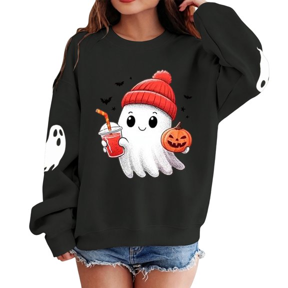 Kids Halloween Print Long Sleeve Crewneck Sweatshirt with Ribbed for Fall Festival 1-14 Years