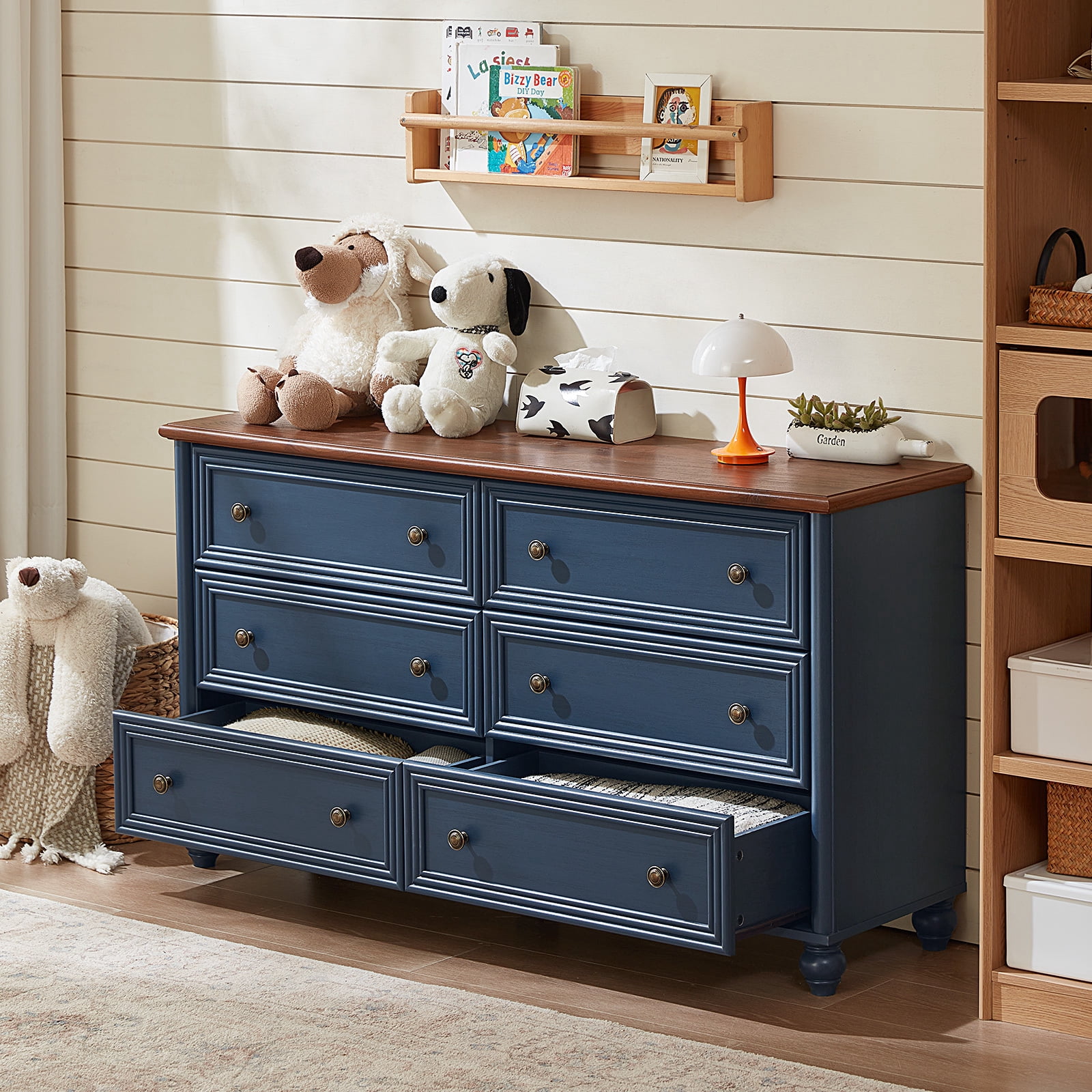 LELELINKY Rustic Modern Chest of 6 Drawers, 54" Extra Wide Double Dresser for Master Bedroom, Nursery Dresser Organizer Closet for Living Room