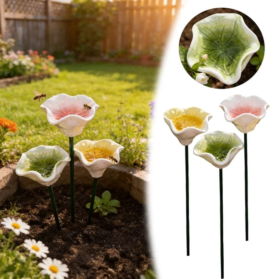 Handmade Ceramic Pollinator Watering Station Colorful Garden Butterfly & Bee Drinking Feeder Small Outdoor Yard Art Stake Bird Bath for Nature Lovers