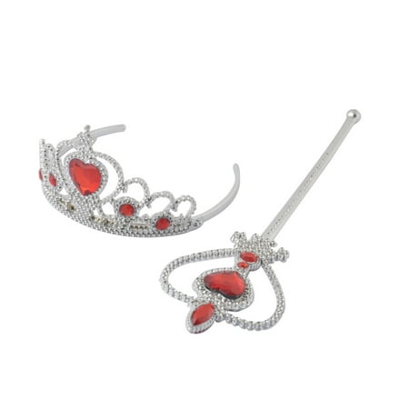Unique Bargains Set Princess Tiara Crown Hair Band Fairy Wand Party Accessory Red Silver Tone