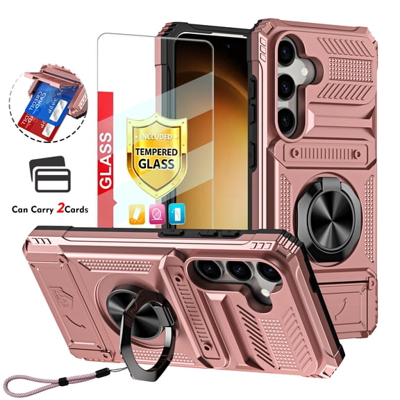 Kryonix for Samsung Galaxy A15 6.5‘’ Case with Card Holder [Store 2 Cards] 360° Magnetic Rotated Ring Kickstand,Heavy Duty Shockproof Rugged Protective Case,with Screen Protector and Strap,Rose Gold