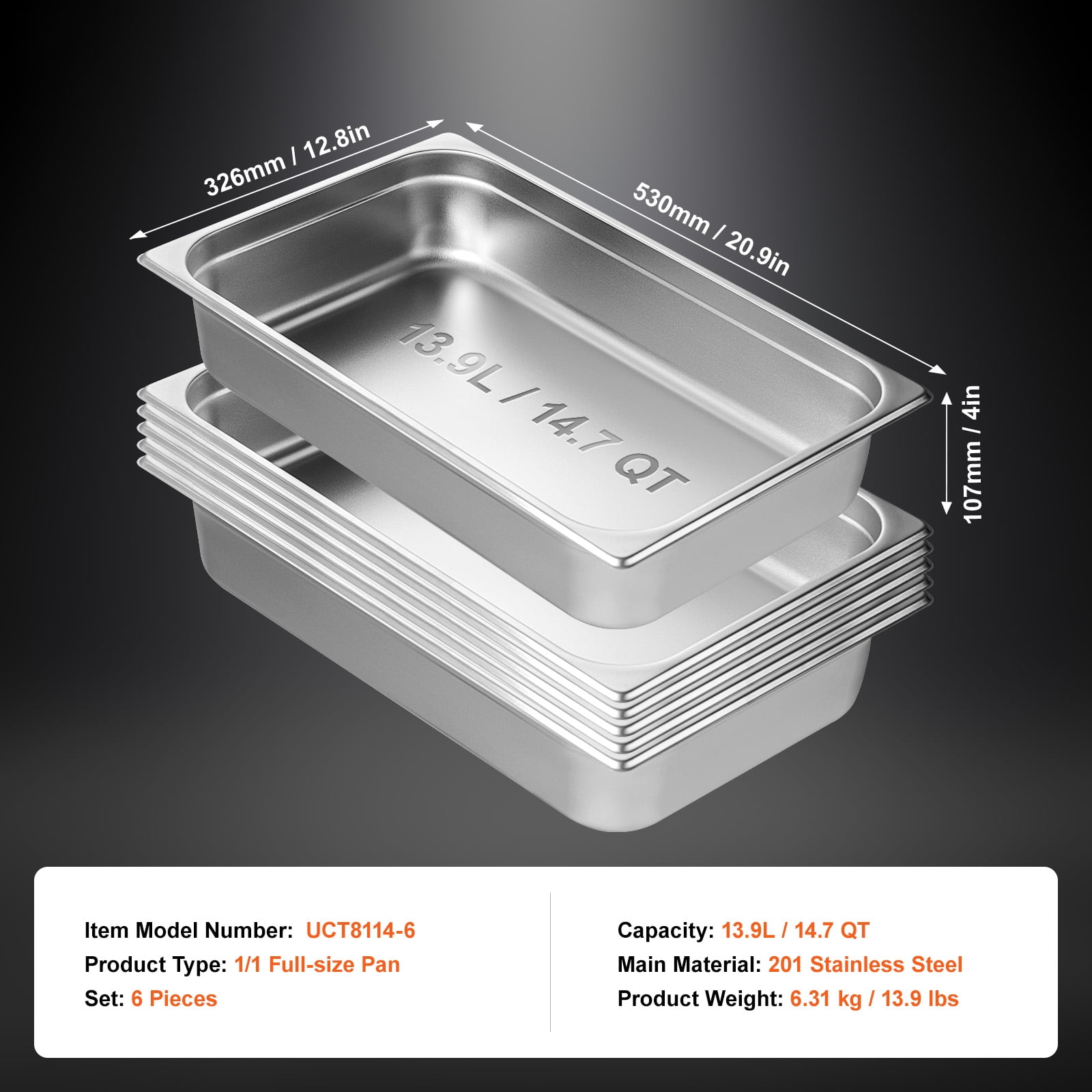 KFFKFF 6 Set Full-Size Steam Pans, Anti-Jam, 0.8mm Durable Stainless Steel, 4-Inch Depth, for Restaurants & Catering, Food Storage, Industrial Use