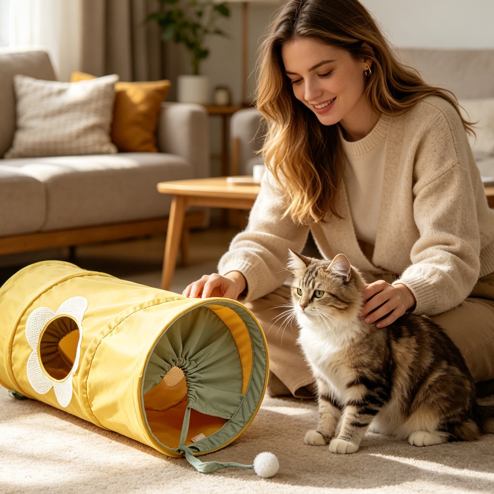 Cat Tunnel Toy, Foldable Mint Green, 1 Piece, for Indoor Cats Play and Rest