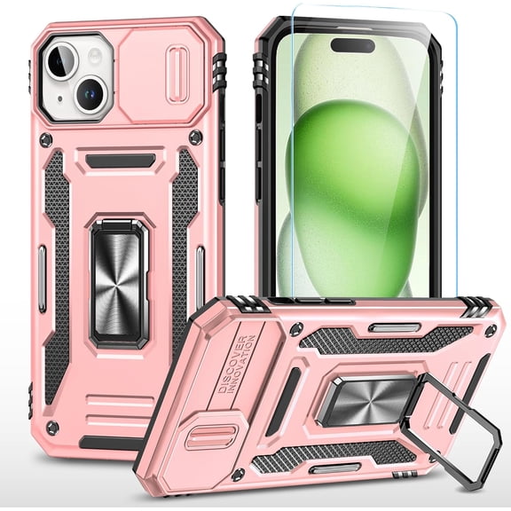 Compatible with iPhone 15 Plus Case with HD Screen Protector & Slide Camera Cover & Rotated Ring Kickstand, [Military-Grade] Phone Case for iPhone 15 Plus (Y_Black)