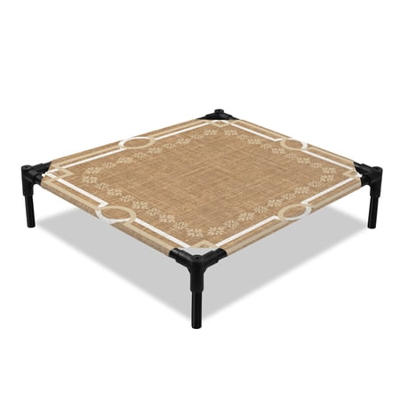 Brown Farmhouse Elevated Dog Bed Linen Texture Geometric Lines Floral Boho Cooling Breathable Outdoor Raised Dog Cot Bed with Metal Frame Non-Slip Feet for Small Dog 20x20in