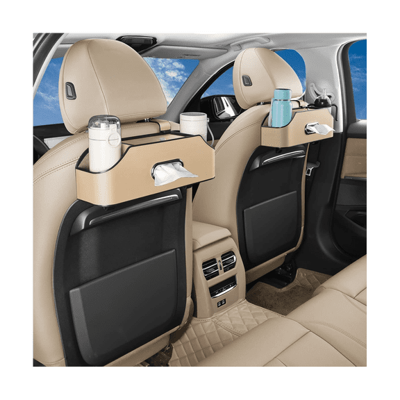 Car Headrest Backseat Organizer with 2 Drink Cup Holder, Cell Phone Holders, Hooks and Tissue Box Accessories - Beige