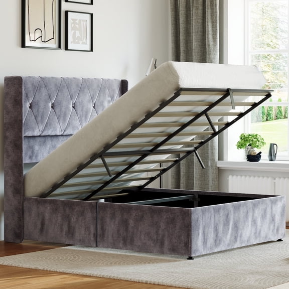 EDX Full Size Bed Frame, Lift Up Storage Bed with Modern Wingback Headboard & Hydraulic Support, No Box Spring Needed,Gray&Blue