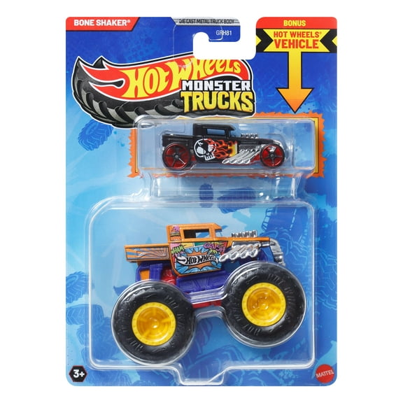 Hot Wheels Monster Truck & Car, 1:64 Scale Die-Cast Truck & Car (2 Vehicles) (Styles May Vary)